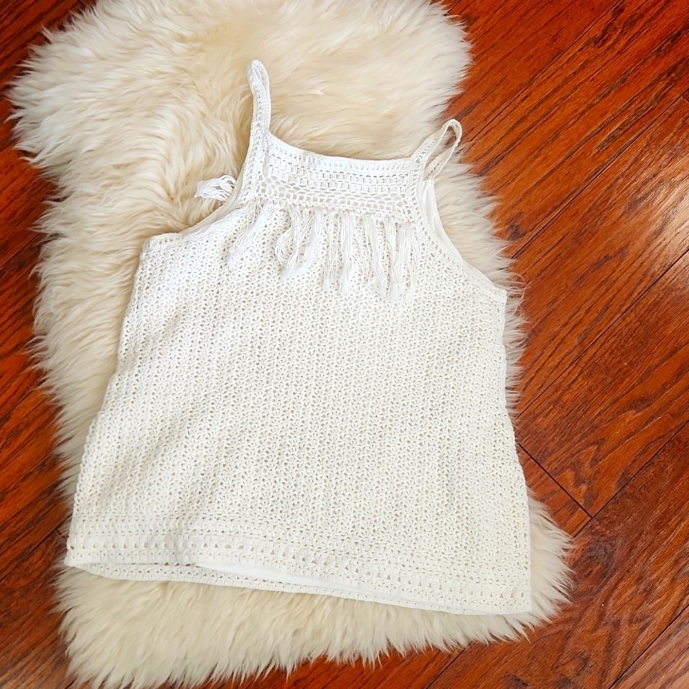 Joie White Olesia Crochet Knit Fringe White Tank Top - Picture 2 of 6
